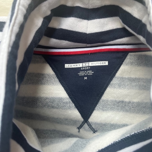 Tommy Hilfiger Sport Navy Striped Funnel Neck Fleece Nautical sweatshirt Hoodie - Picture 11 of 13